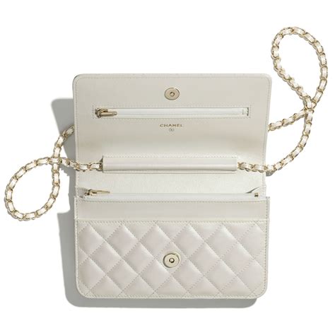 chanel white wallet blue trim chain|Chanel wallet on chain cost.